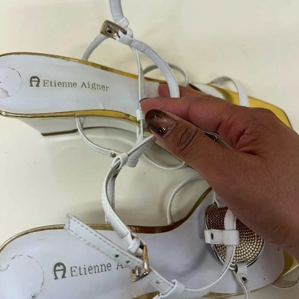 Etienne Aigner White and Gold High-Heeled Sandals